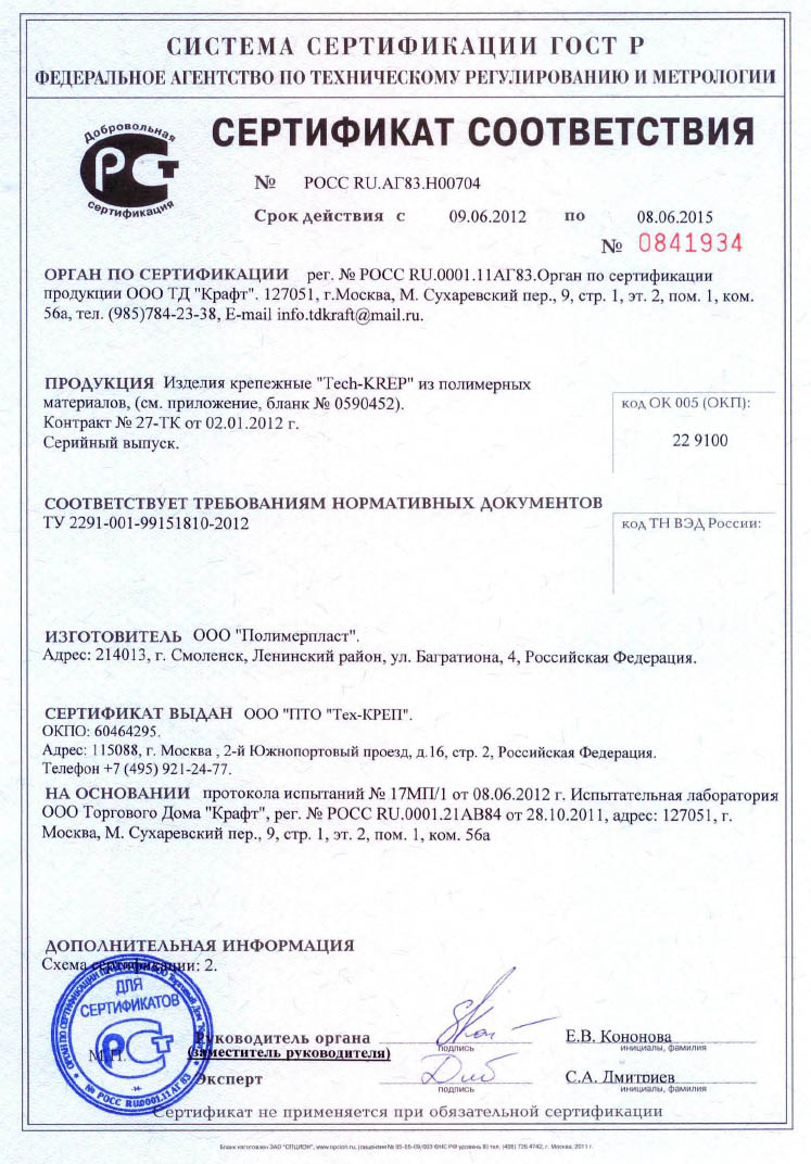 Сертификат соответствия к крепежным изделиям